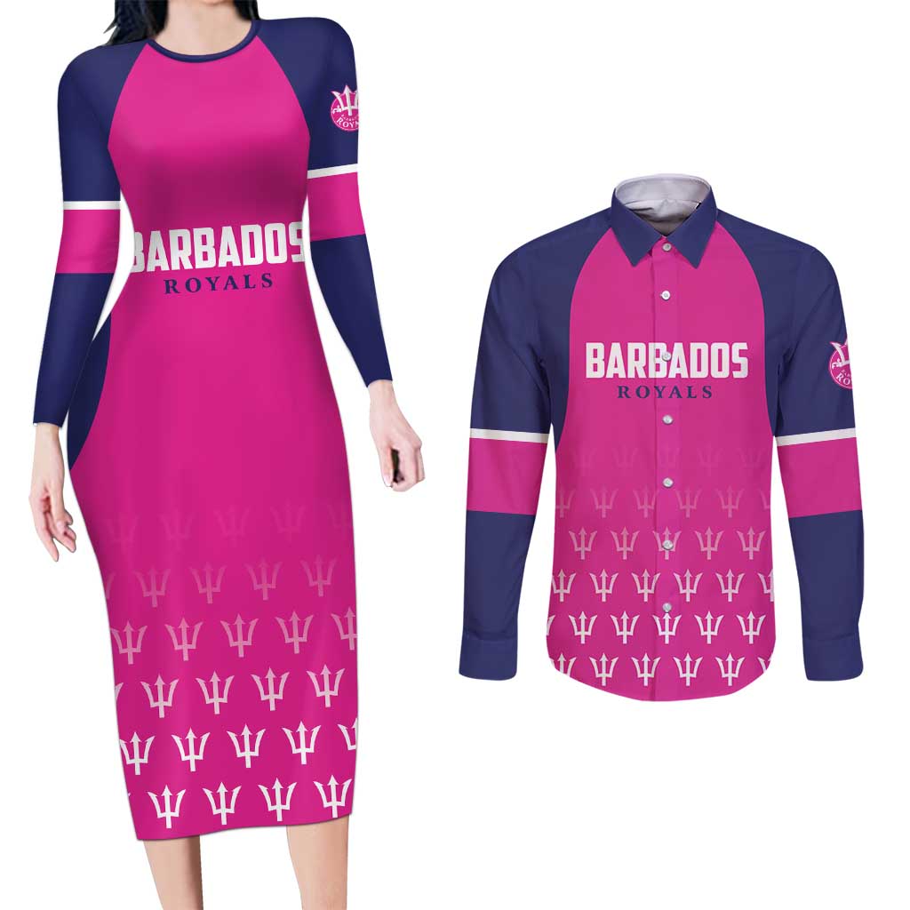 Custom Barbados Royals Cricket Couples Matching Long Sleeve Bodycon Dress and Long Sleeve Button Shirt Back to Back Champions - Wonder Print Shop