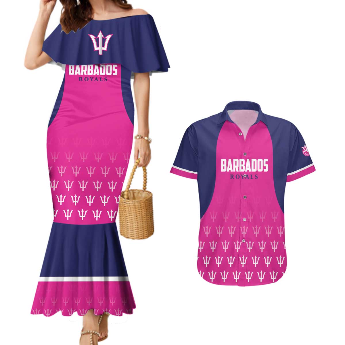 Custom Barbados Royals Cricket Couples Matching Mermaid Dress and Hawaiian Shirt Back to Back Champions - Wonder Print Shop