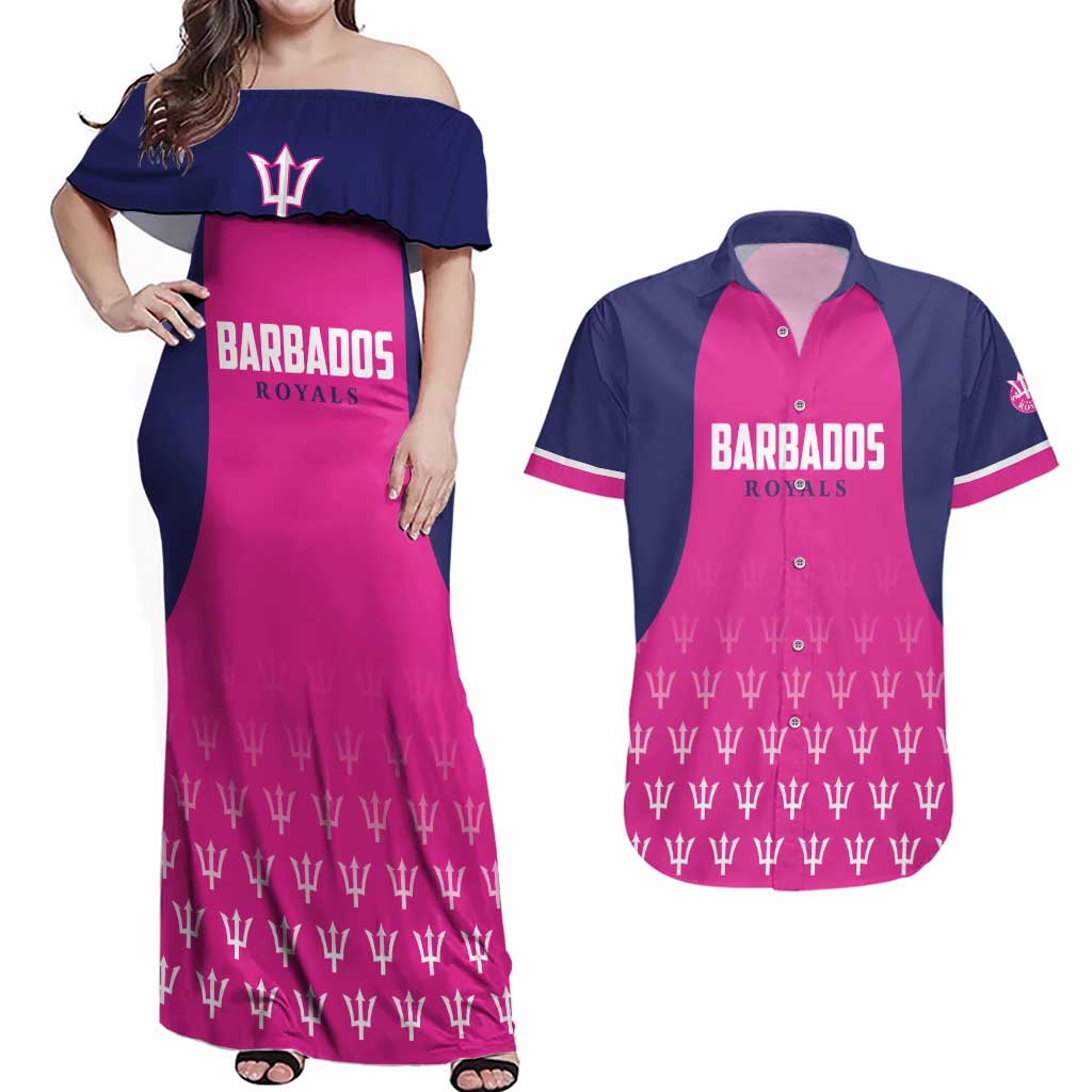 Custom Barbados Royals Cricket Couples Matching Off Shoulder Maxi Dress and Hawaiian Shirt Back to Back Champions - Wonder Print Shop