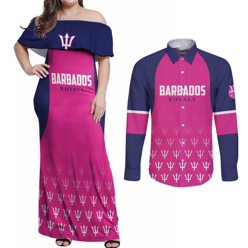 Custom Barbados Royals Cricket Couples Matching Off Shoulder Maxi Dress and Long Sleeve Button Shirt Back to Back Champions - Wonder Print Shop