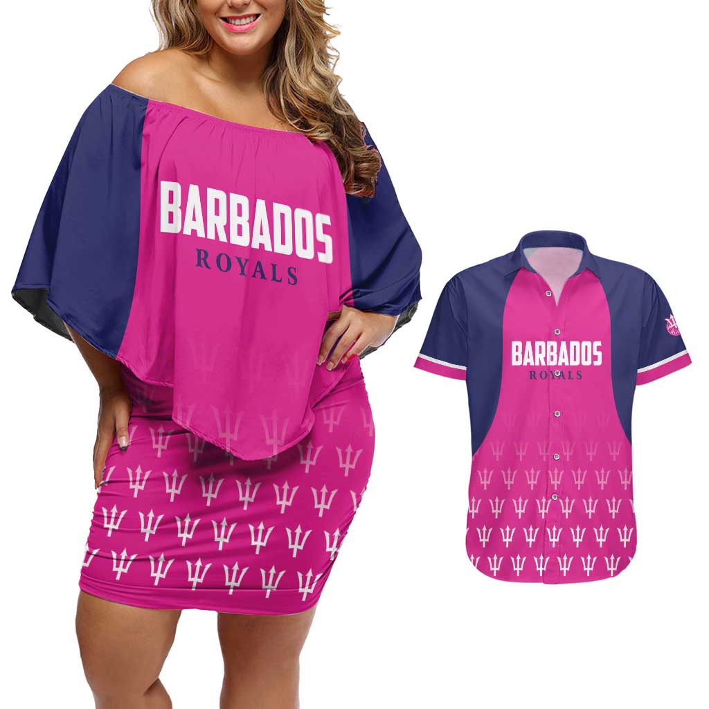 Custom Barbados Royals Cricket Couples Matching Off Shoulder Short Dress and Hawaiian Shirt Back to Back Champions - Wonder Print Shop