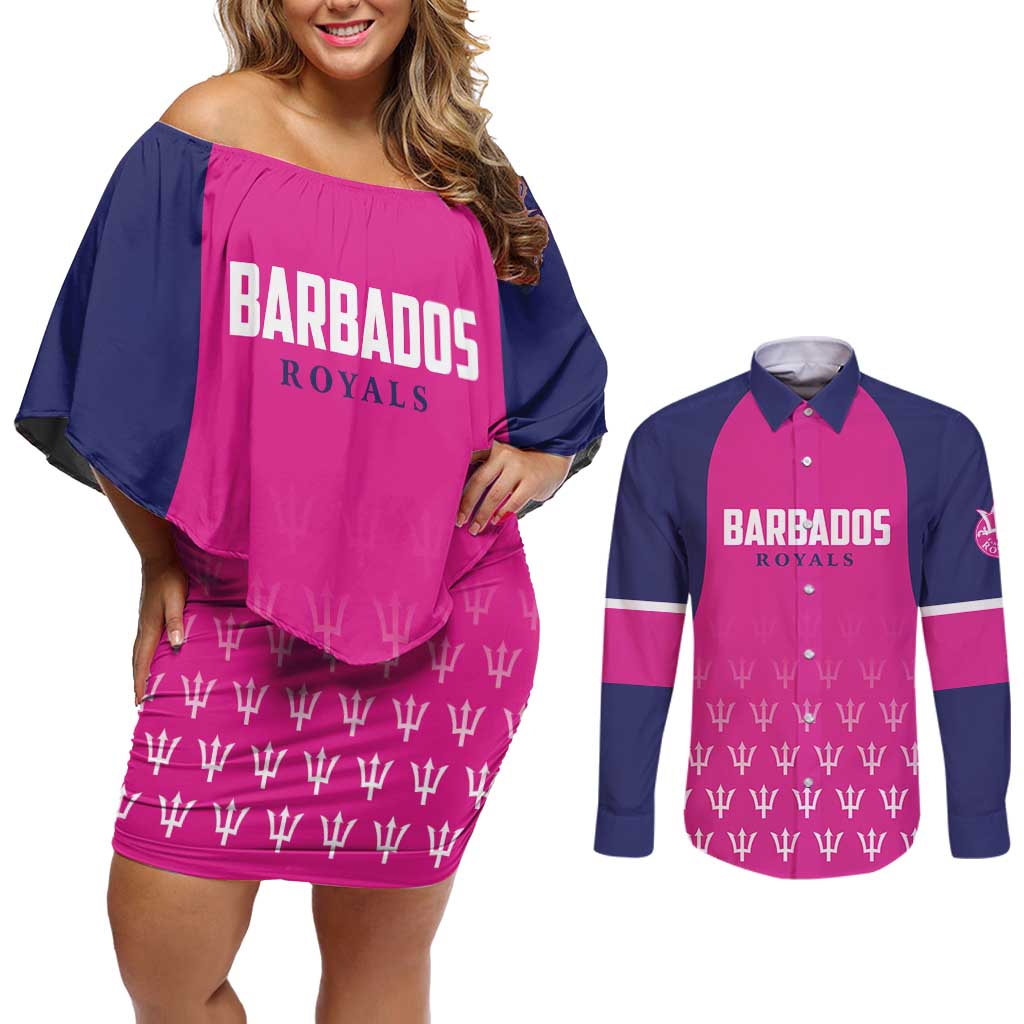 Custom Barbados Royals Cricket Couples Matching Off Shoulder Short Dress and Long Sleeve Button Shirt Back to Back Champions - Wonder Print Shop