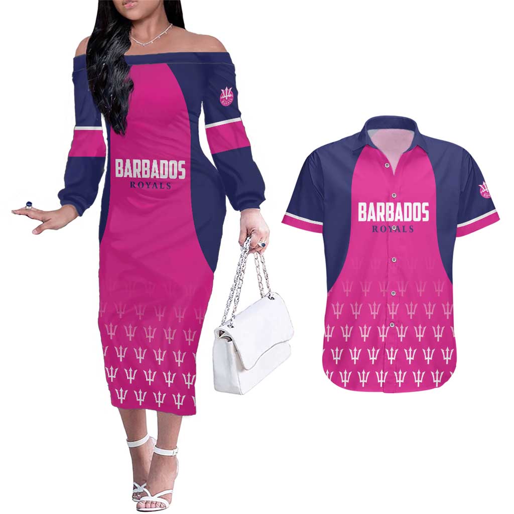 Custom Barbados Royals Cricket Couples Matching Off The Shoulder Long Sleeve Dress and Hawaiian Shirt Back to Back Champions - Wonder Print Shop