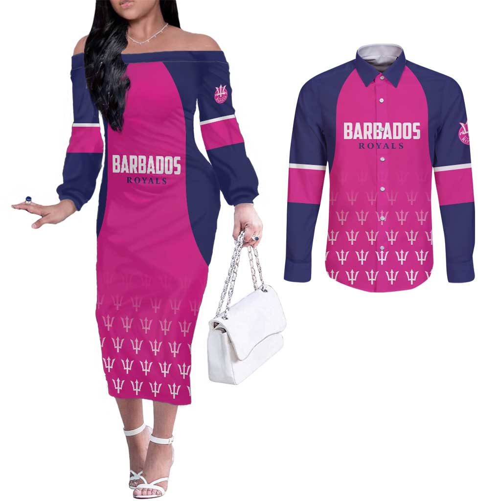 Custom Barbados Royals Cricket Couples Matching Off The Shoulder Long Sleeve Dress and Long Sleeve Button Shirt Back to Back Champions