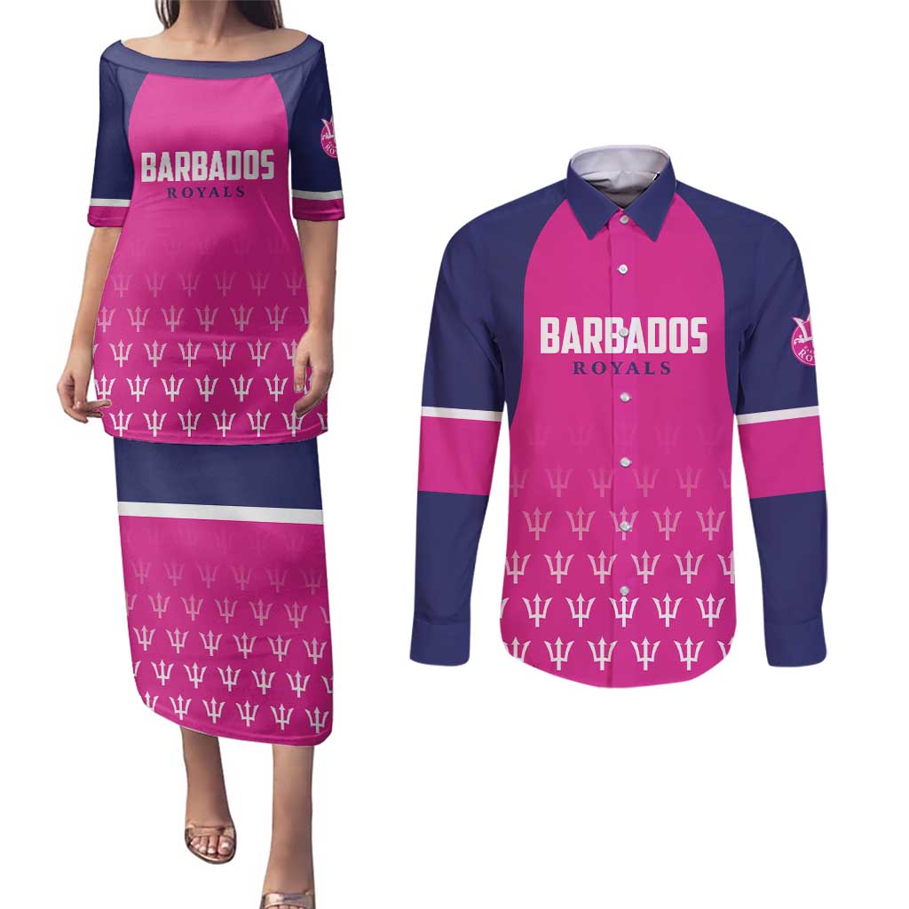 Custom Barbados Royals Cricket Couples Matching Puletasi and Long Sleeve Button Shirt Back to Back Champions - Wonder Print Shop