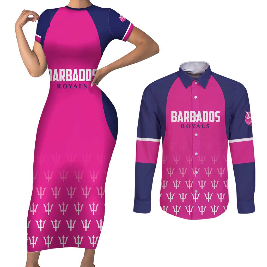 Custom Barbados Royals Cricket Couples Matching Short Sleeve Bodycon Dress and Long Sleeve Button Shirt Back to Back Champions - Wonder Print Shop