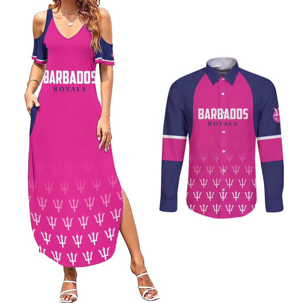 Custom Barbados Royals Cricket Couples Matching Summer Maxi Dress and Long Sleeve Button Shirt Back to Back Champions - Wonder Print Shop