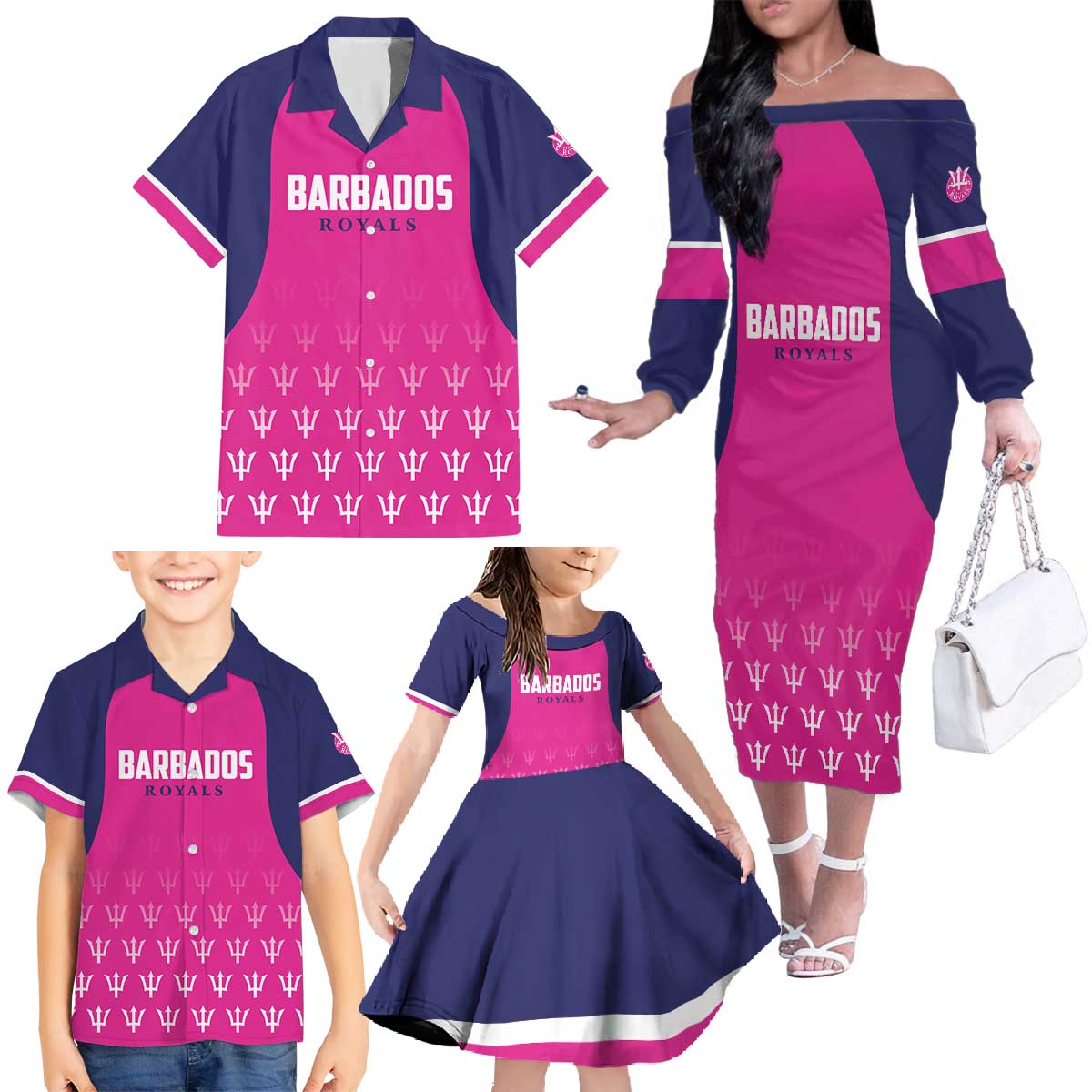 Custom Barbados Royals Cricket Family Matching Off The Shoulder Long Sleeve Dress and Hawaiian Shirt Back to Back Champions - Wonder Print Shop