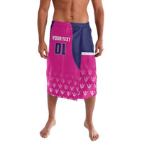 Pink and navy cricket shorts with 'YOUR TEXT 01' front graphic and trophy print