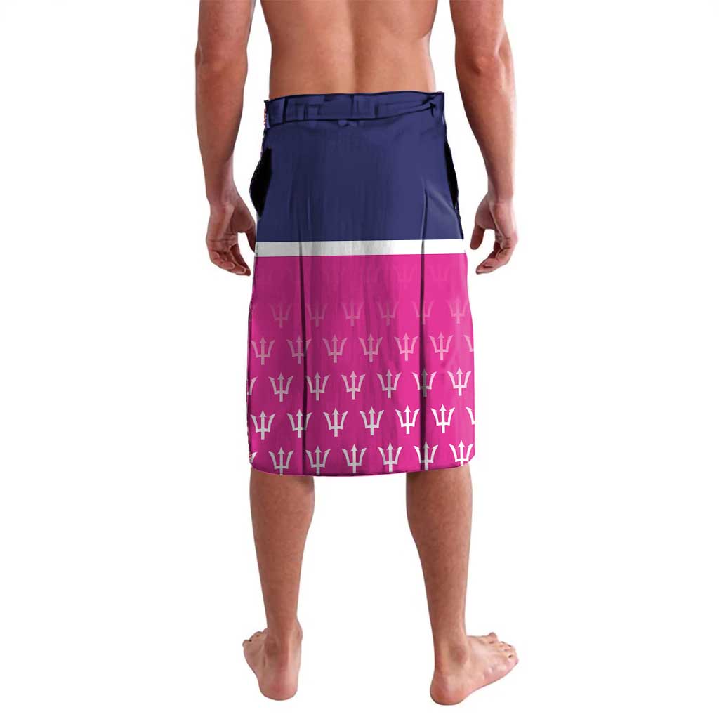 Pink and navy lavalava-style cricket shorts, trophy print, white hem stripe