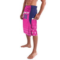 Navy and pink cricket shorts with 'YOUR TEXT 01' print and trophy pattern