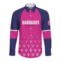 Unisex long-sleeve cricket button shirt, navy/pink with Barbados Royals front graphic