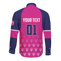 Unisex long-sleeve cricket button shirt, navy/pink back graphic with YOUR TEXT 01