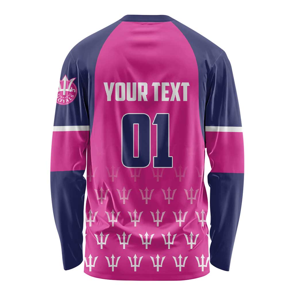 Pink & navy long-sleeve cricket shirt, 'YOUR TEXT' and back number 01