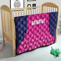 Cricket quilt on a bed: navy and pink with “Barbados Royals” logo and trophy icons.