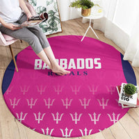 Pink round cricket carpet with Barbados Royals logo and trophy pattern, navy edge