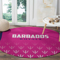 Pink round cricket carpet with Barbados Royals text and repeating trophy symbol pattern