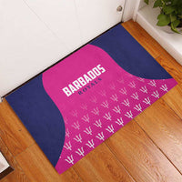 Rectangular pink and navy rubber cricket doormat with Barbados Royals logo and trophy icons