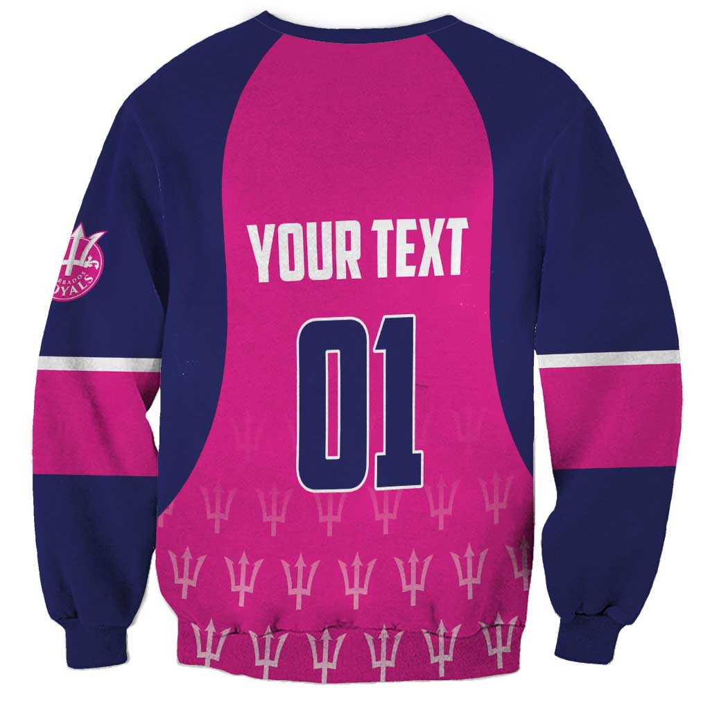 Unisex pink-and-navy cricket sweatshirt with back text 'YOUR TEXT 01' and trophies