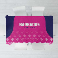 Pink and navy cricket-themed tablecloth with white Barbados Royals logo and pattern