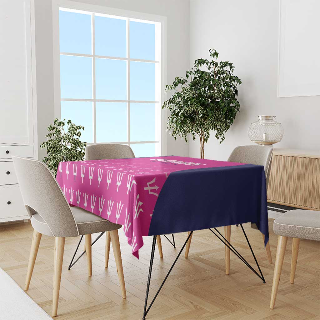 Pink tablecloth with navy side panel and white cricket bat pattern on dining table