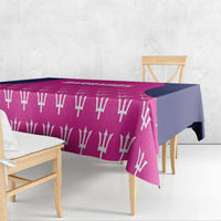 Pink tablecloth with white bat pattern and navy edge, draped over dining table