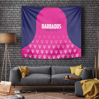 Rectangular cricket team tapestry in navy and pink, Barbados Royals text with trophy pattern