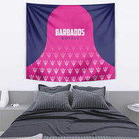 Rectangular wall tapestry, navy background with large pink bell shape and Barbados Royals logo