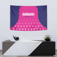 Rectangular cricket tapestry, navy and pink design with Barbados Royals text and trophy motif