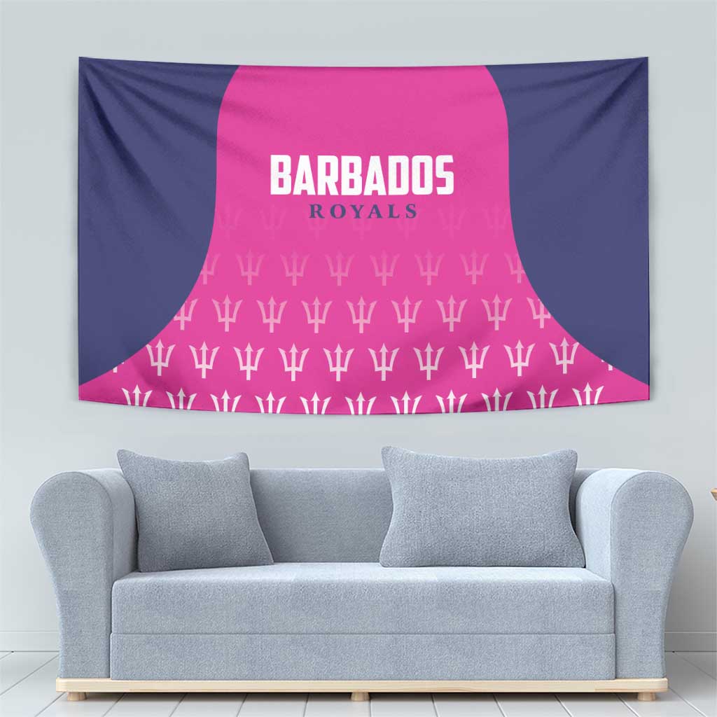 Rectangular cricket tapestry in navy and hot pink, Barbados Royals lettering and repeated trophy icons