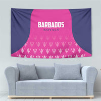 Rectangular cricket tapestry in navy and hot pink, Barbados Royals lettering and repeated trophy icons