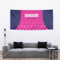 Rectangular wall tapestry with Barbados Royals wordmark, navy fabric and pink bell motif