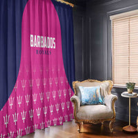 Barbados Royals cricket window curtain in pink with trophy pattern and white logo over dark blue
