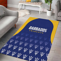 Blue cricket area rug with yellow border, Barbados Tridents logo and trident pattern