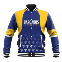 Blue and yellow varsity baseball jacket with ribbed collar, snap buttons, Barbados Tridents print