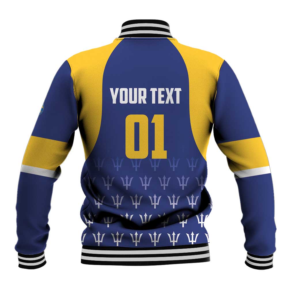 Back view blue and yellow varsity jacket with striped trim, YOUR TEXT 01 and trident pattern