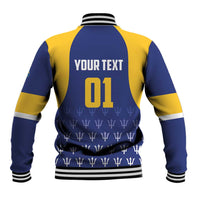 Back view blue and yellow varsity jacket with striped trim, YOUR TEXT 01 and trident pattern