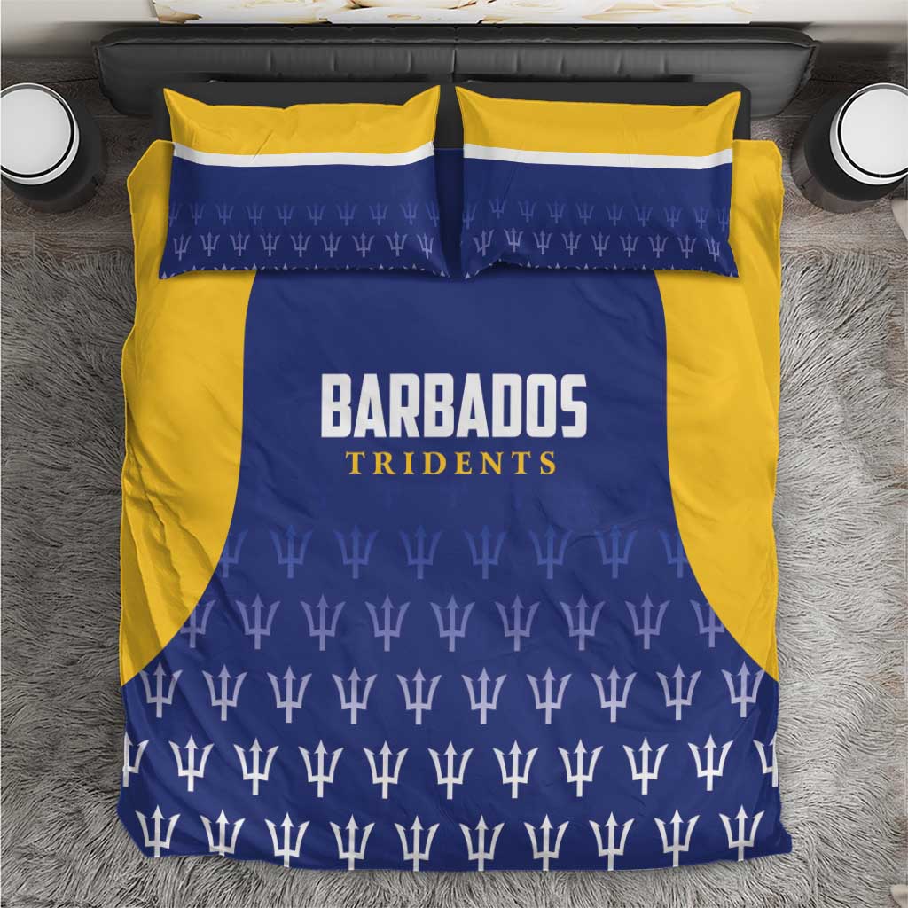 Barbados Tridents cricket bedding set: blue and yellow duvet cover with team logo