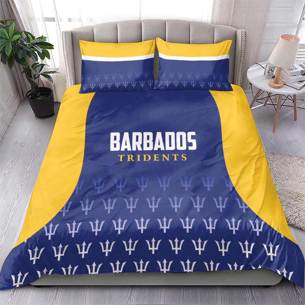 Barbados Tridents duvet cover and pillowcases in blue with yellow panels and logo