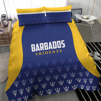 Barbados Tridents bedding set with blue patterned print, yellow borders, and center logo