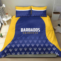 Barbados Tridents duvet cover with blue hem pattern and yellow center panel, two pillows