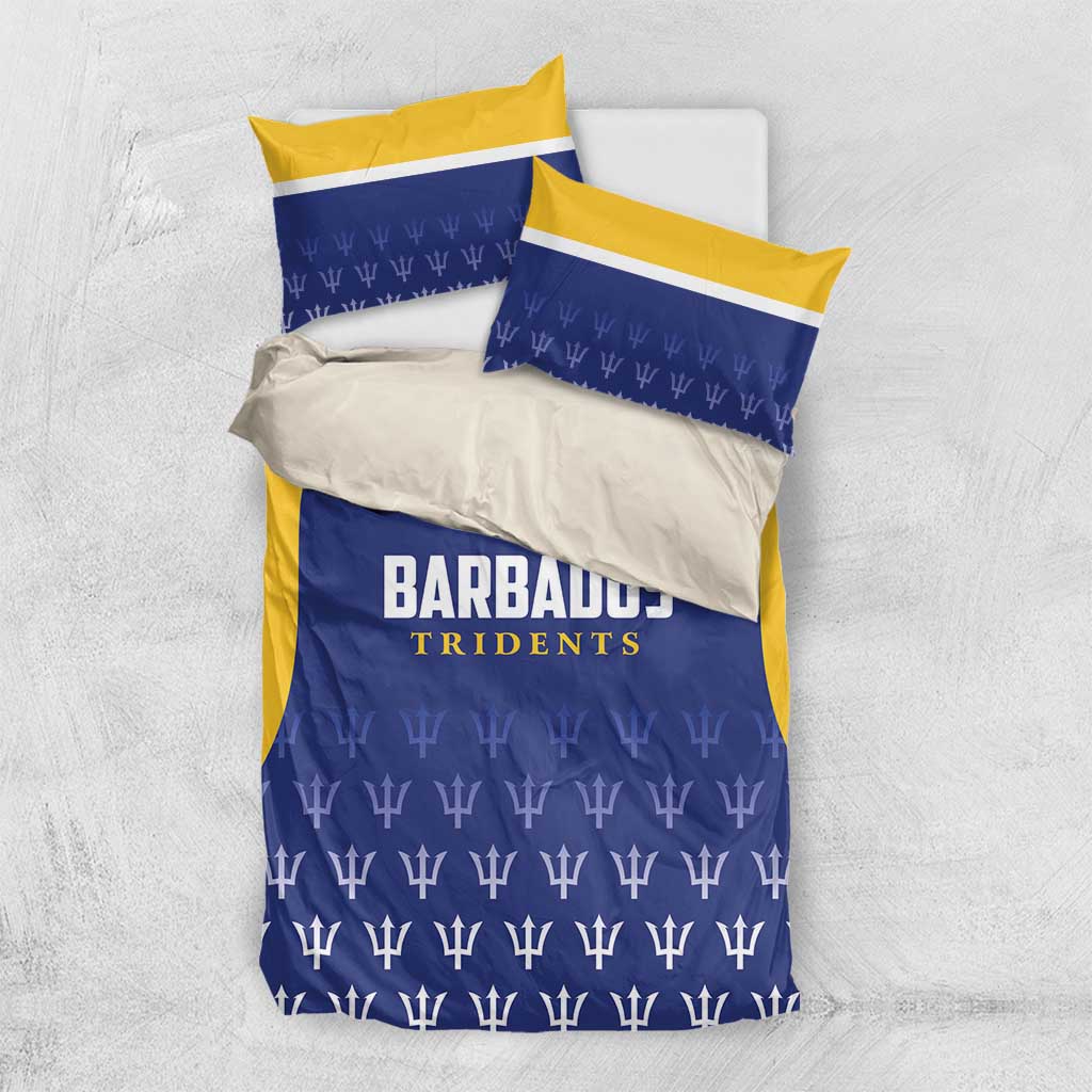 Barbados Tridents bedding set: blue patterned duvet with yellow sides and two matching pillows