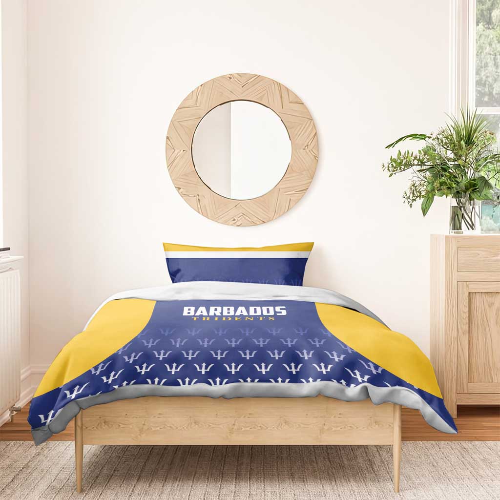 Barbados Tridents duvet cover and pillowcases in blue with yellow panels and logo