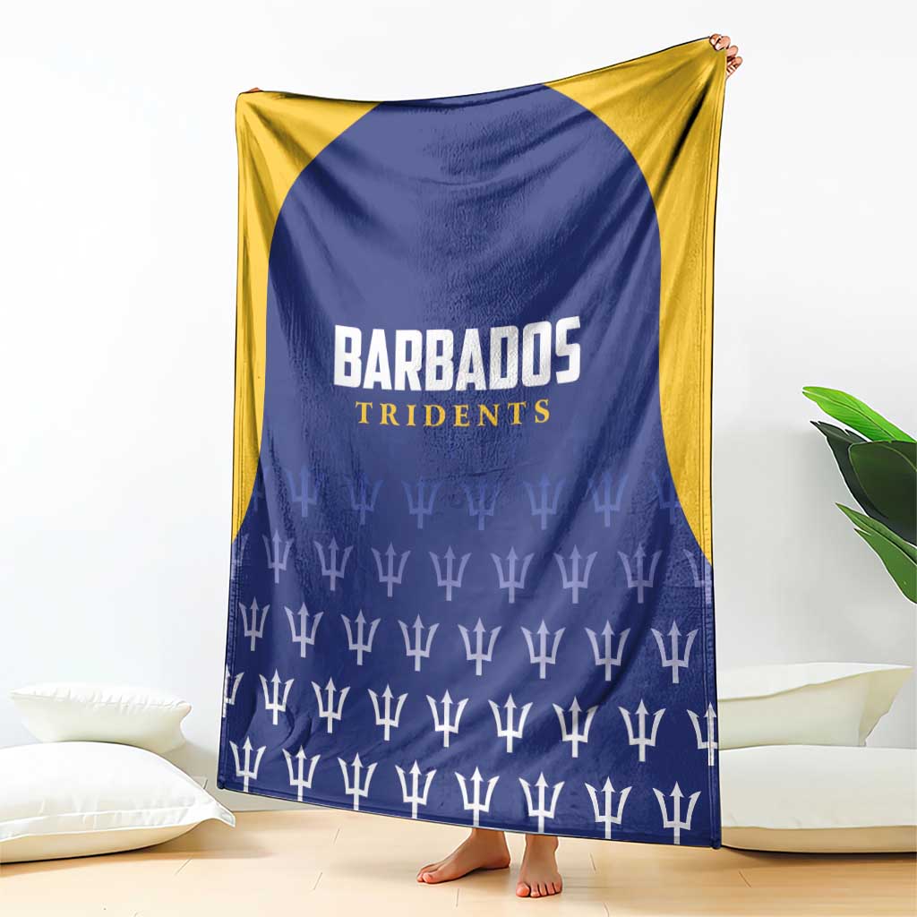 Barbados Tridents cricket blanket with blue front, yellow edge, BARBADOS TRIDENTS logo