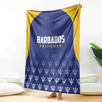 Barbados Tridents cricket blanket with blue front, yellow edge, BARBADOS TRIDENTS logo