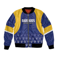 Blue and gold bomber jacket with full zipper and Barbados Tridents front print