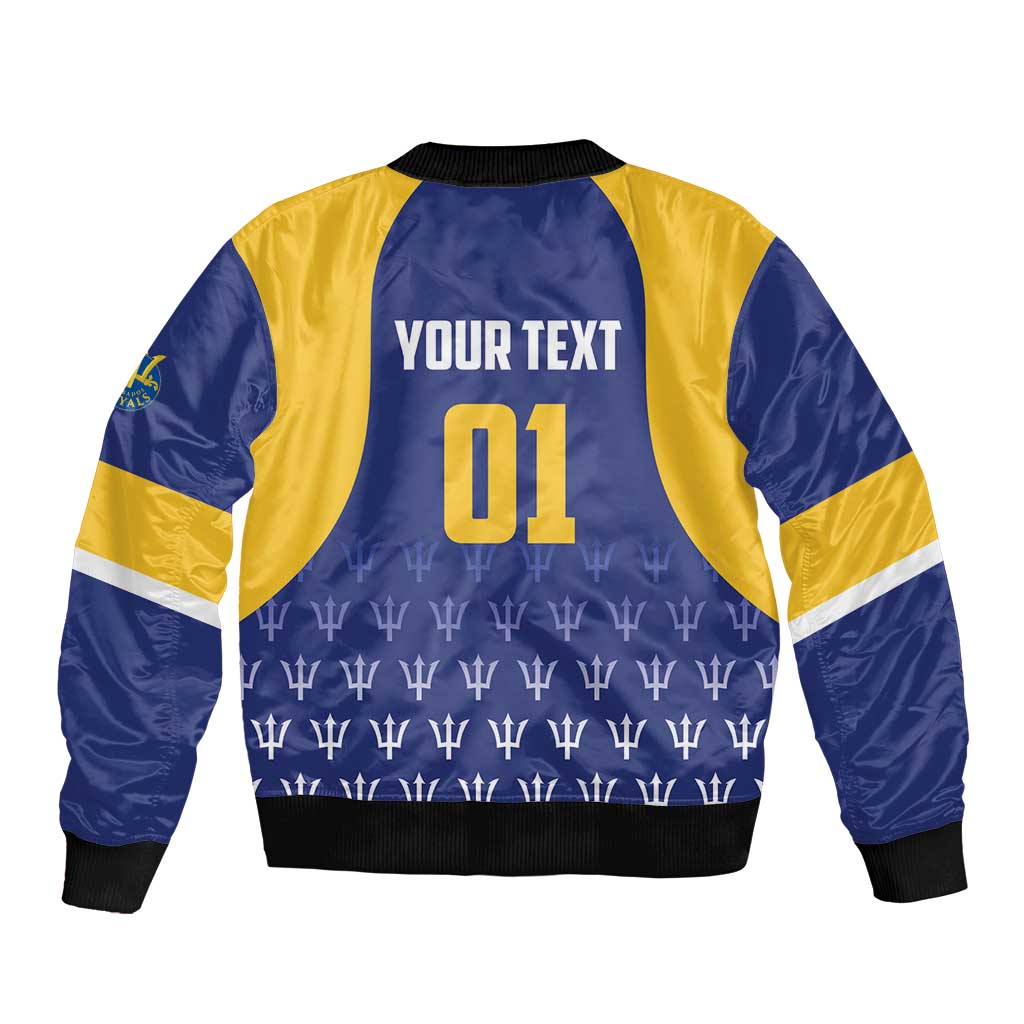 Blue and gold bomber jacket back with 'YOUR TEXT' and number 01