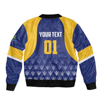 Blue and gold bomber jacket back with 'YOUR TEXT' and number 01