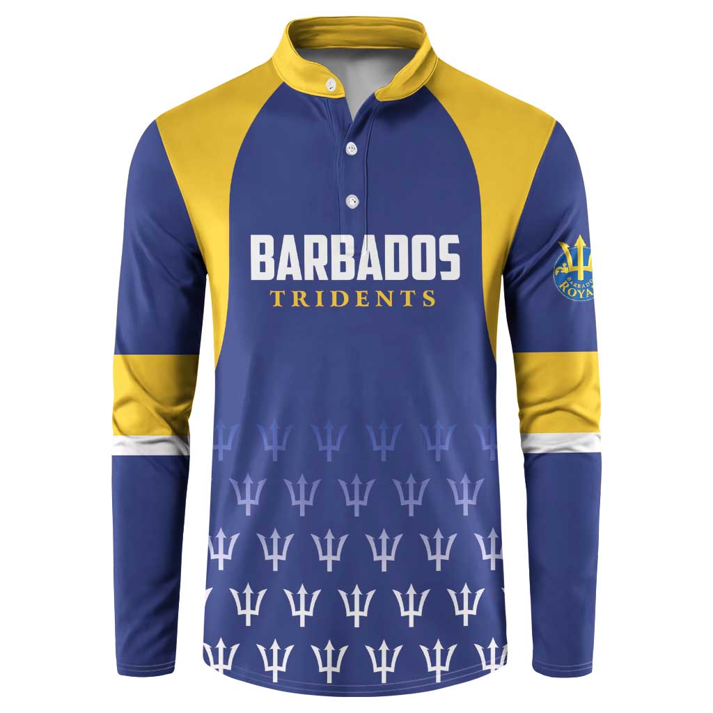 Blue and yellow cricket button sweatshirt with BARBADOS TRIDENTS front print and trophies