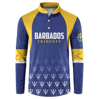 Blue and yellow cricket button sweatshirt with BARBADOS TRIDENTS front print and trophies